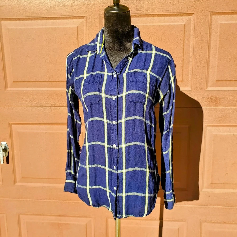 Stylus Blue White Lime Green Plaid Flannel Buttondown Top Women's Size Medium